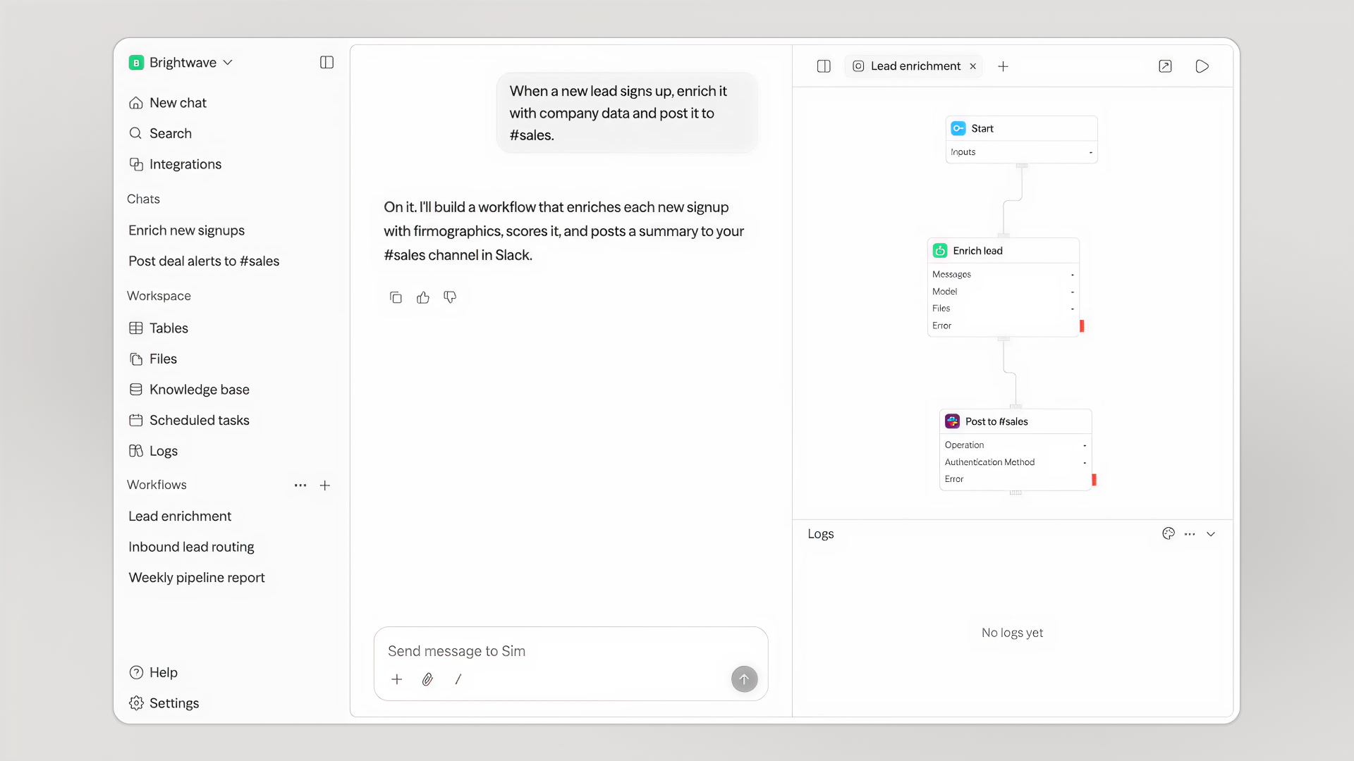 Chat and workflow builder in Sim