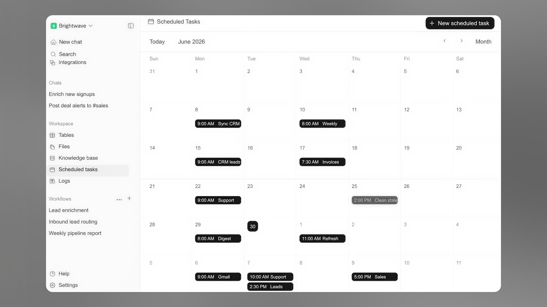 Scheduled Tasks calendar in Sim