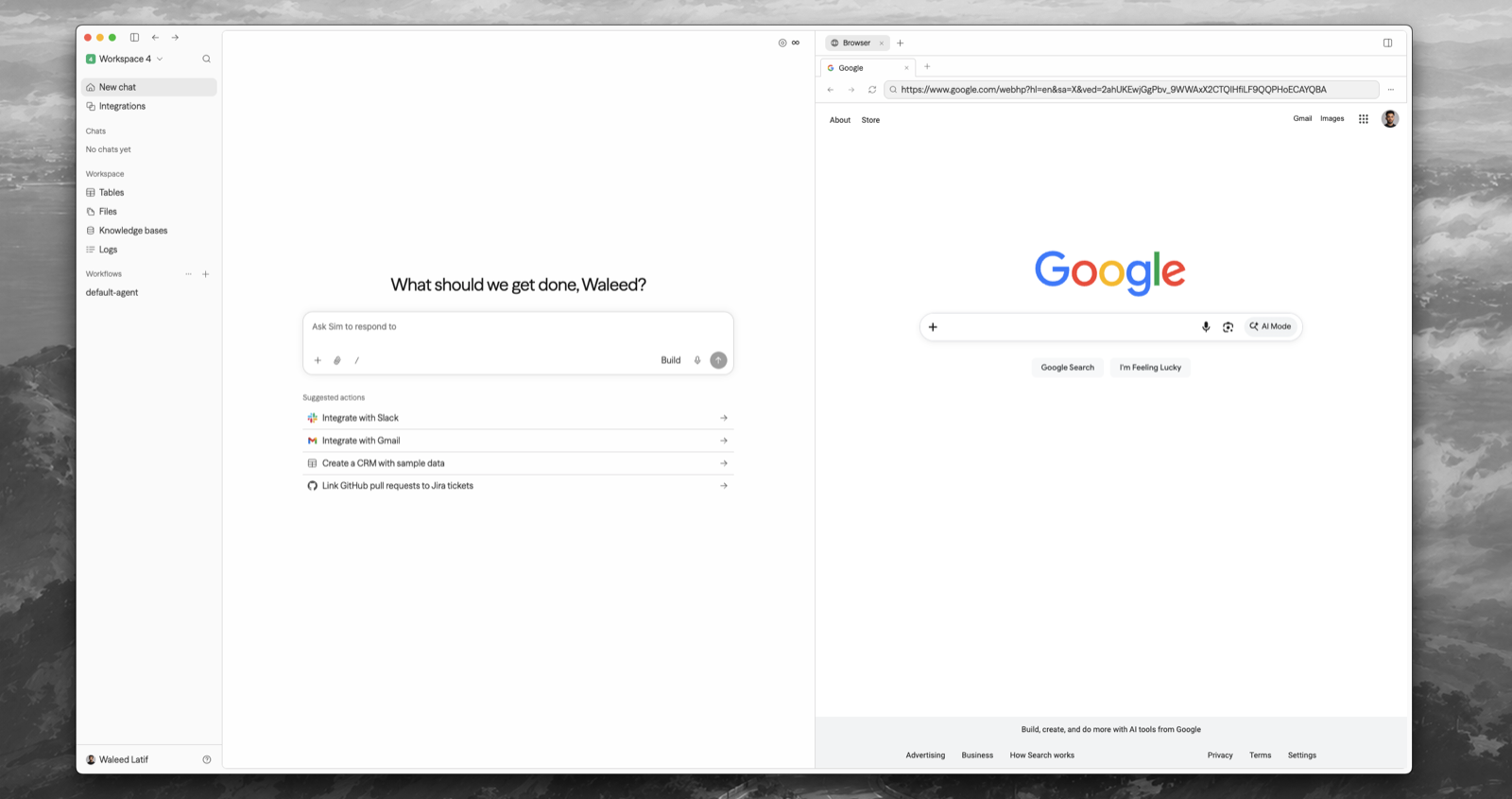 Sim Desktop with Chat and a built-in browser side by side.